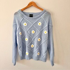 Cliché Blue Daisy Embroidered Wool Blend Sweater Sz M